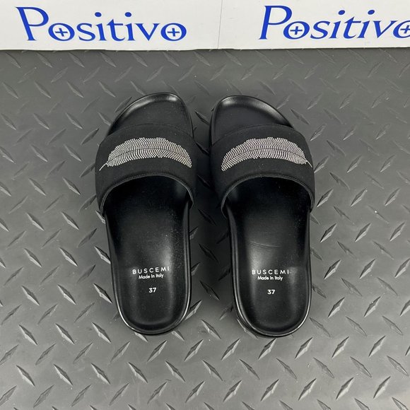 Buscemi Womens Slide Satin Black Leather Sandals US 7 EU 37 - Picture 3 of 5